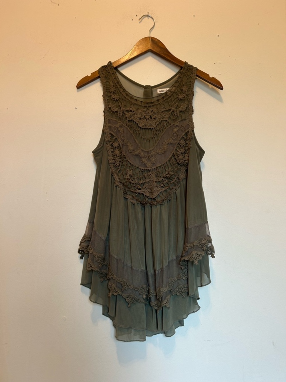 Boho Crochet Overlay Sleeveless Tunic in Olive Green